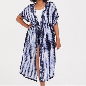 TORRID BLUE TIE-DYE TIE FRONT GAUZE KAFTAN